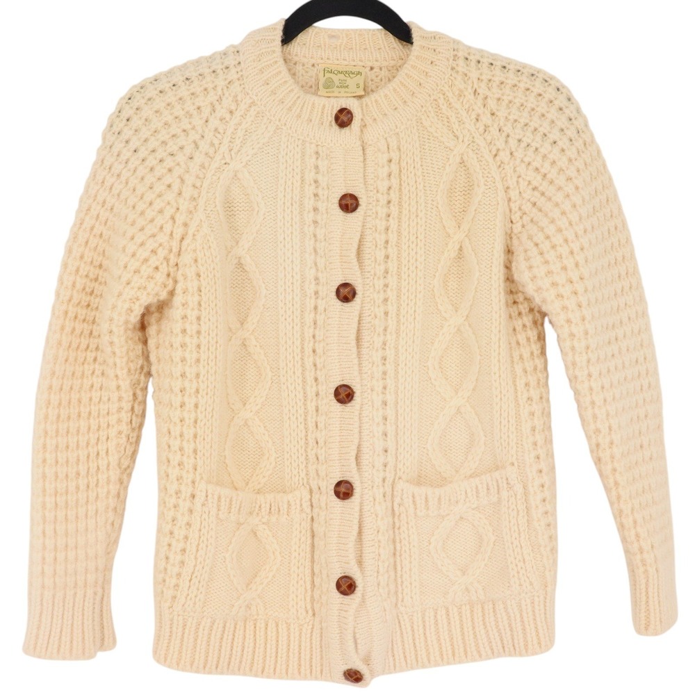 Falcarragh Ireland Pure New Wool Aran Cable Knit Cardigan Sweater Cream Womens S